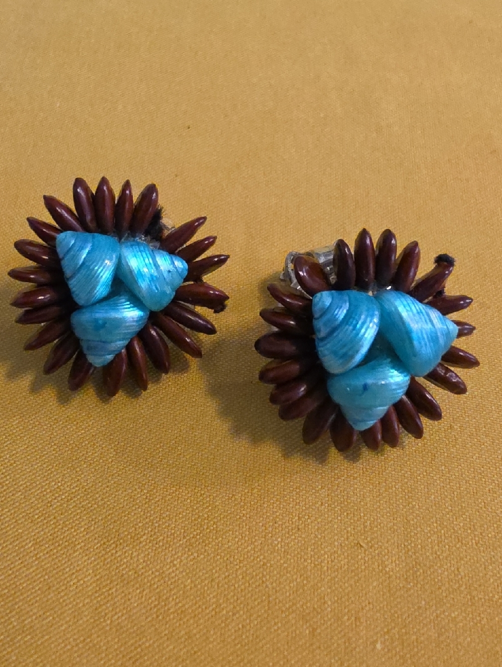 Vintage Clip-On Earrings Made From Dyed Blue Shells & Apple or Koa Seeds